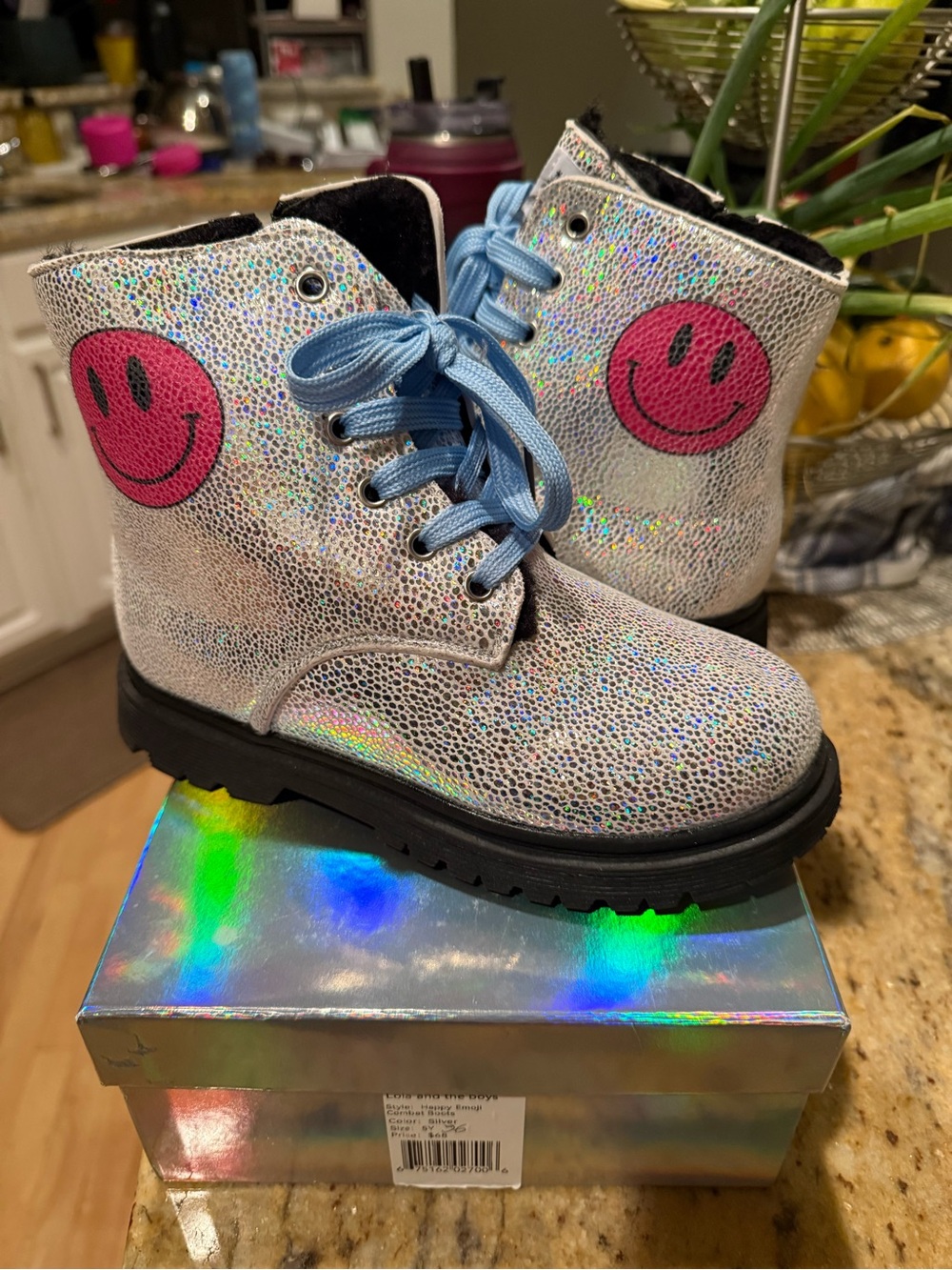 Lola + The Boys Holographic Silver Boots with Pink Smiley and Light Blue Laces